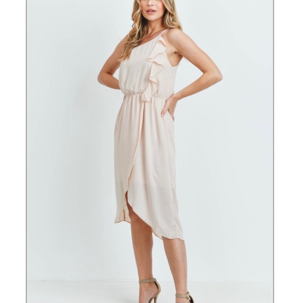 ONE SHOULDER RUFFLE WRAP CREAM DRESS - Picture 4 of 6